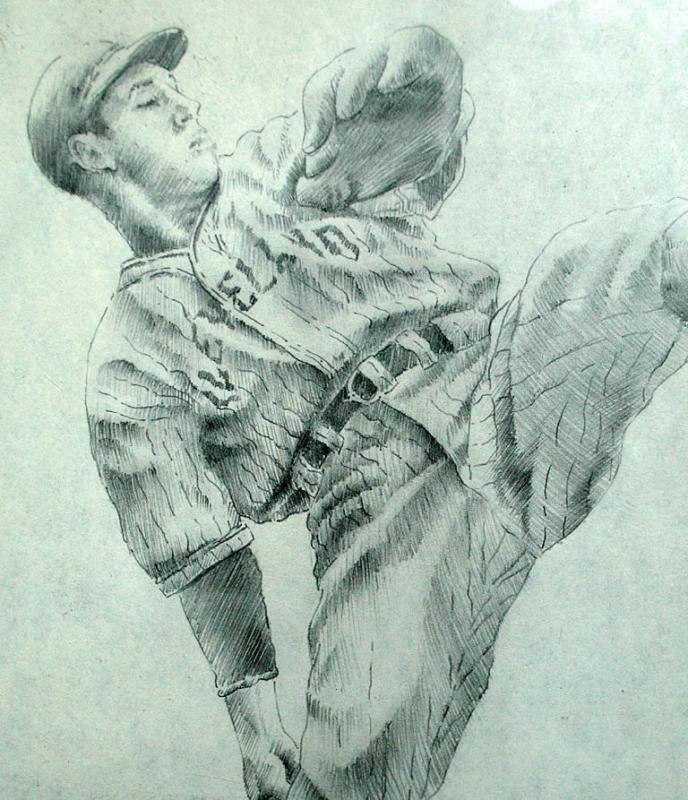 Bob Feller Autographed Pencil Drawing, Hall of Fame Pitcher for Cleveland Indians One of Kind Item