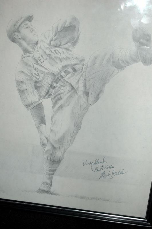 Bob Feller Autographed Pencil Drawing, Hall of Fame Pitcher for Cleveland Indians One of Kind Item