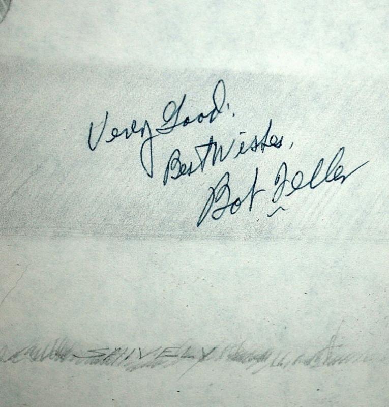 Bob Feller Autographed Pencil Drawing, Hall of Fame Pitcher for Cleveland Indians One of Kind Item
