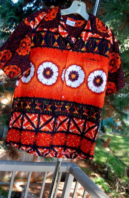 Liberty House Vintage Barkcloth Hawaiian Shirt .Orange, Black Yellow Sunset colors