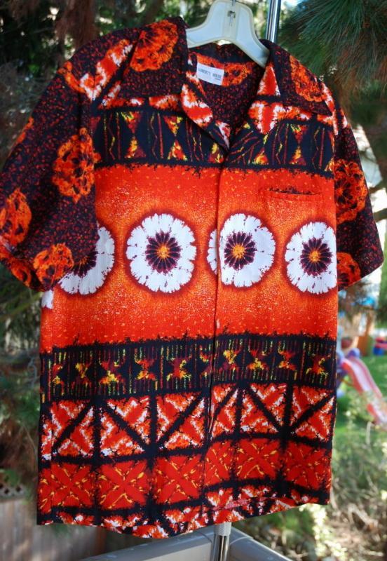 Liberty House Vintage Barkcloth Hawaiian Shirt .Orange, Black Yellow Sunset colors