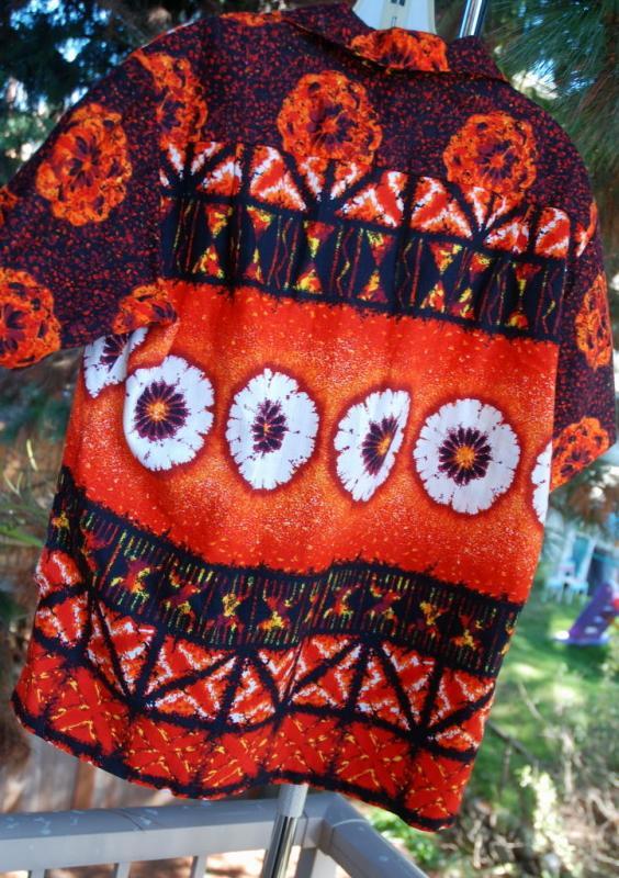 Liberty House Vintage Barkcloth Hawaiian Shirt .Orange, Black Yellow Sunset colors