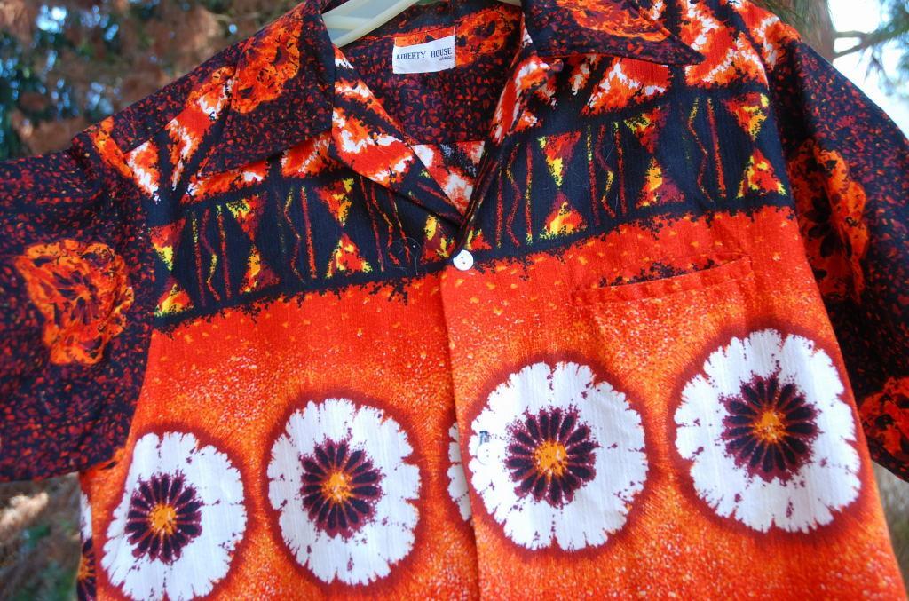 Liberty House Vintage Barkcloth Hawaiian Shirt .Orange, Black Yellow Sunset colors
