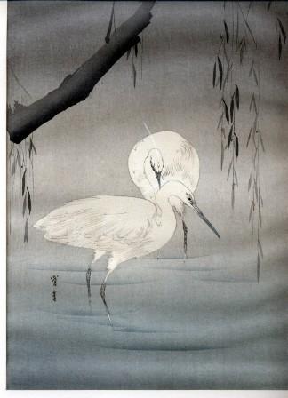 Two Egrets Wading Under a Willow Tree by Watanabe Seitei Wood -Block