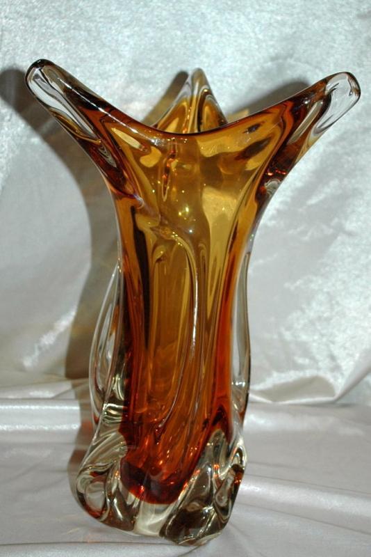 Amber & Clear Cased Murano Glass Vase TAll & Very Heavy 12 lbs