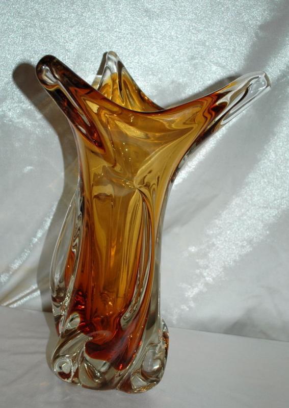 Amber & Clear Cased Murano Glass Vase TAll & Very Heavy 12 lbs