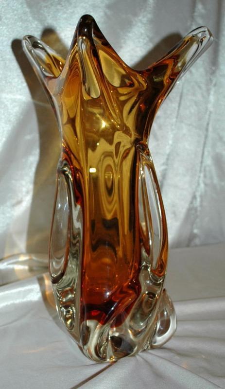 Amber & Clear Cased Murano Glass Vase TAll & Very Heavy 12 lbs