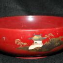 Vintage Lacquered Wood Serving Bowl, Cinnamon Red with Gold Paint, Marked NY made in Japan.