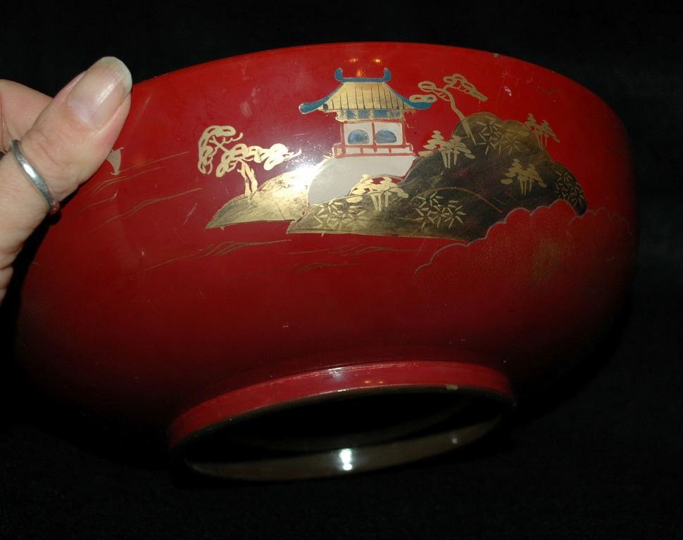 Vintage Lacquered Wood Serving Bowl, Cinnamon Red with Gold Paint, Marked NY made in Japan.