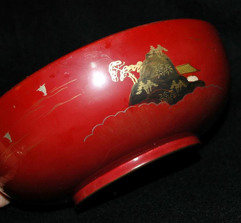 Vintage Lacquered Wood Serving Bowl, Cinnamon Red with Gold Paint, Marked NY made in Japan.