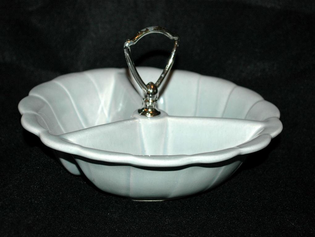 Mid Century Pottery Condiment or Dip Dish Caddy Light Blue Made In USA