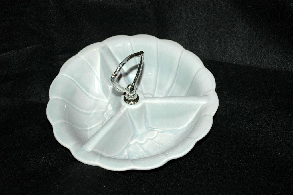 Mid Century Pottery Condiment or Dip Dish Caddy Light Blue Made In USA