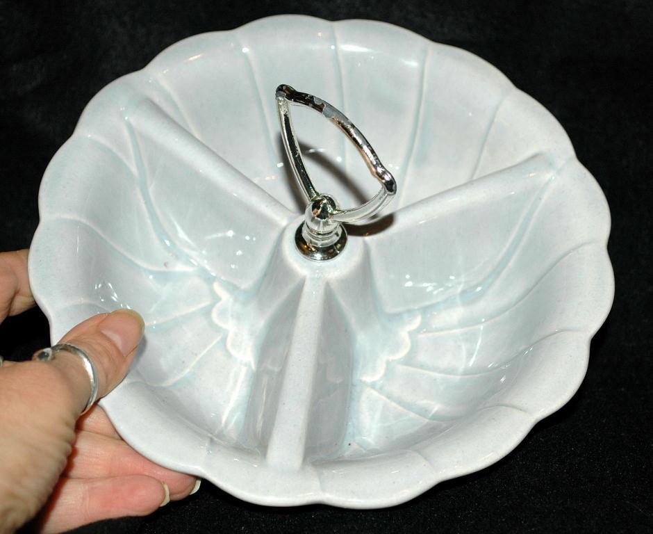 Mid Century Pottery Condiment or Dip Dish Caddy Light Blue Made In USA
