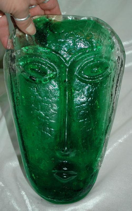 Cast Glass Art Glass Tribal Face Sculpture -Green