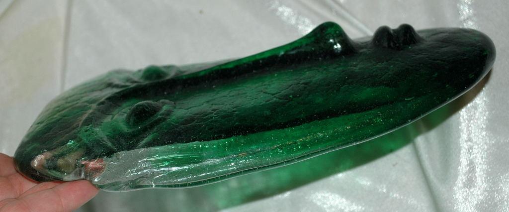 Cast Glass Art Glass Tribal Face Sculpture -Green