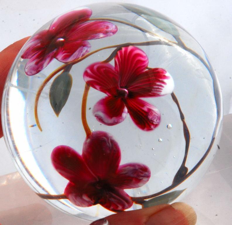 Glass Eye Studio Pink Flowers Paperweight 1985 , signed and numbered