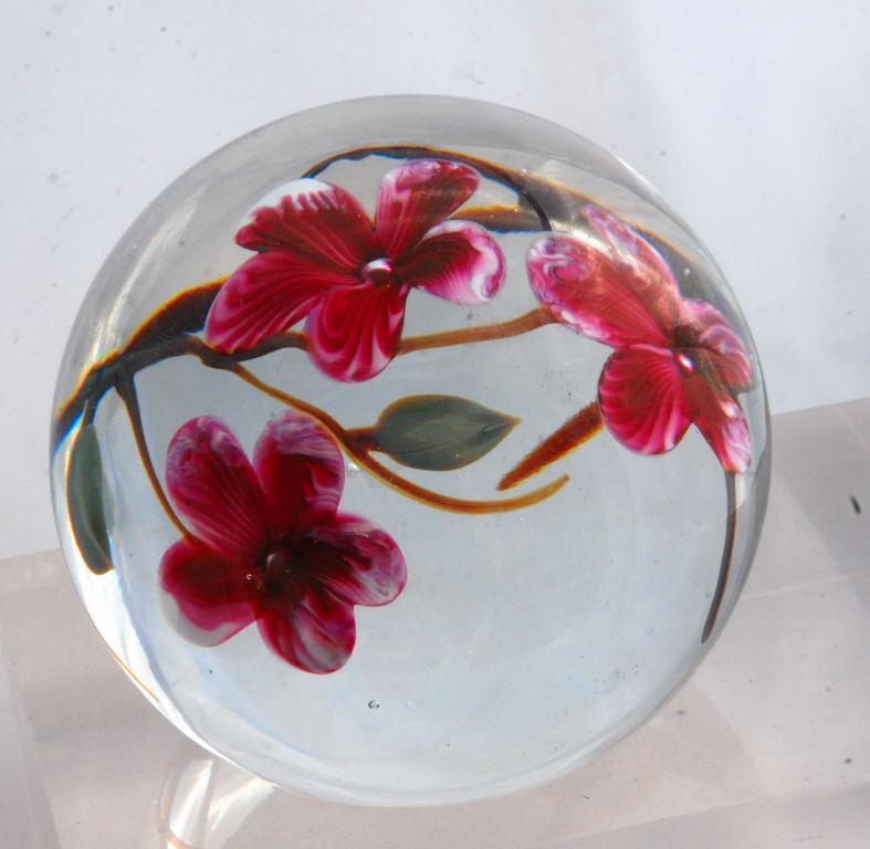 Glass Eye Studio Pink Flowers Paperweight 1985 , signed and numbered