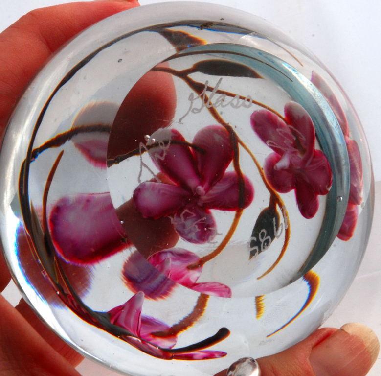Glass Eye Studio Pink Flowers Paperweight 1985 , signed and numbered