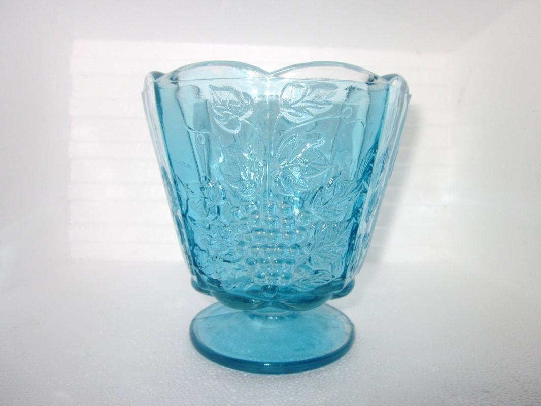 Early American Glass , Paneled Grapes Blue Footed Compote Vase with Scalloped Top