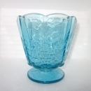 Early American Glass , Paneled Grapes Blue Footed Compote Vase with Scalloped Top