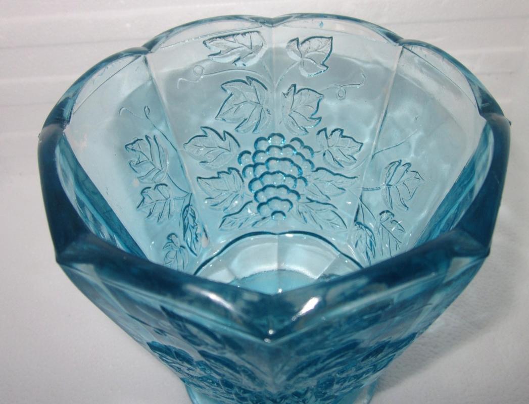 Early American Glass , Paneled Grapes Blue Footed Compote Vase with Scalloped Top
