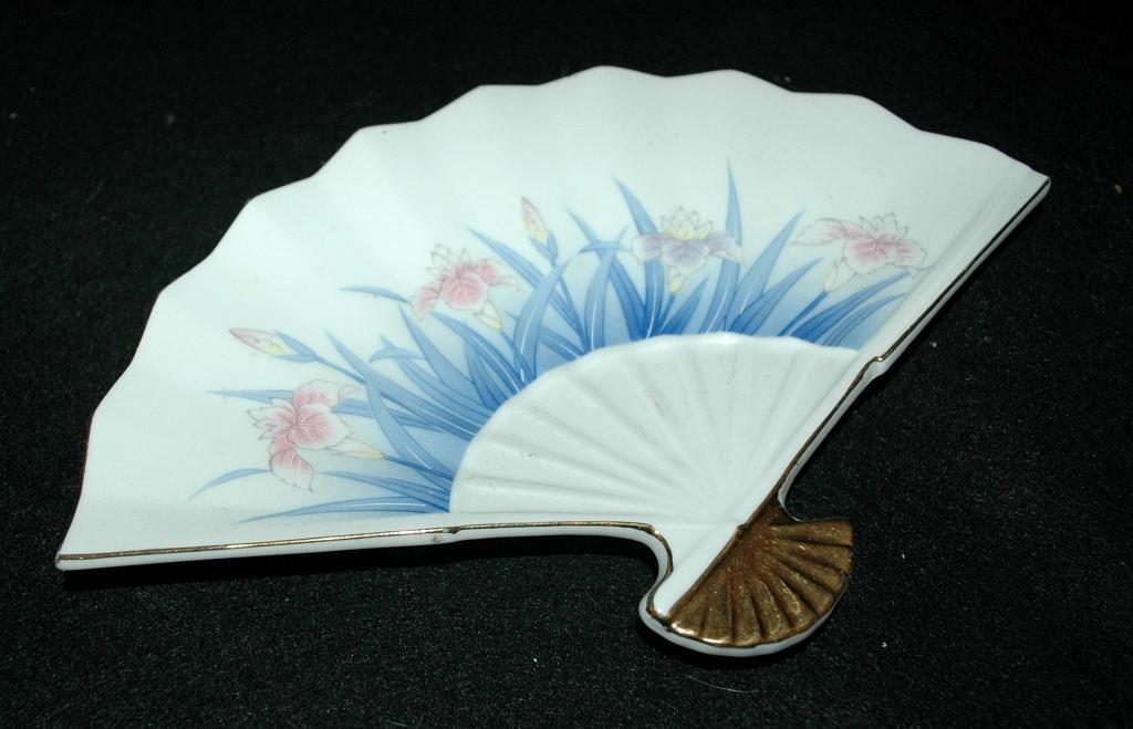 Japanese Porcelain Fan Dish Stamped and with Foil Label OMC, Japan
