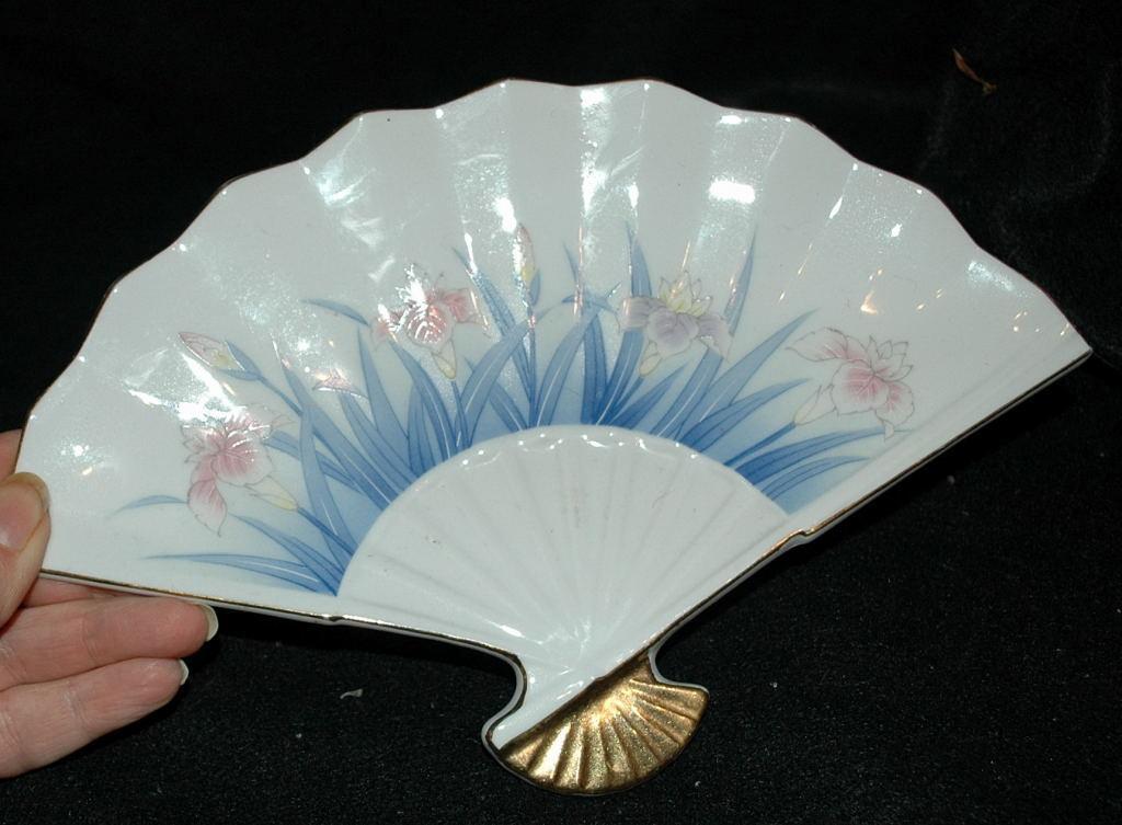 Japanese Porcelain Fan Dish Stamped and with Foil Label OMC, Japan