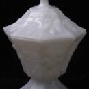 VINTAGE 50s FIRE KING MILK GLASS HARVEST GRAPE OCTAGONAL PANELED FOOTED CANDY BOWL WITH LID