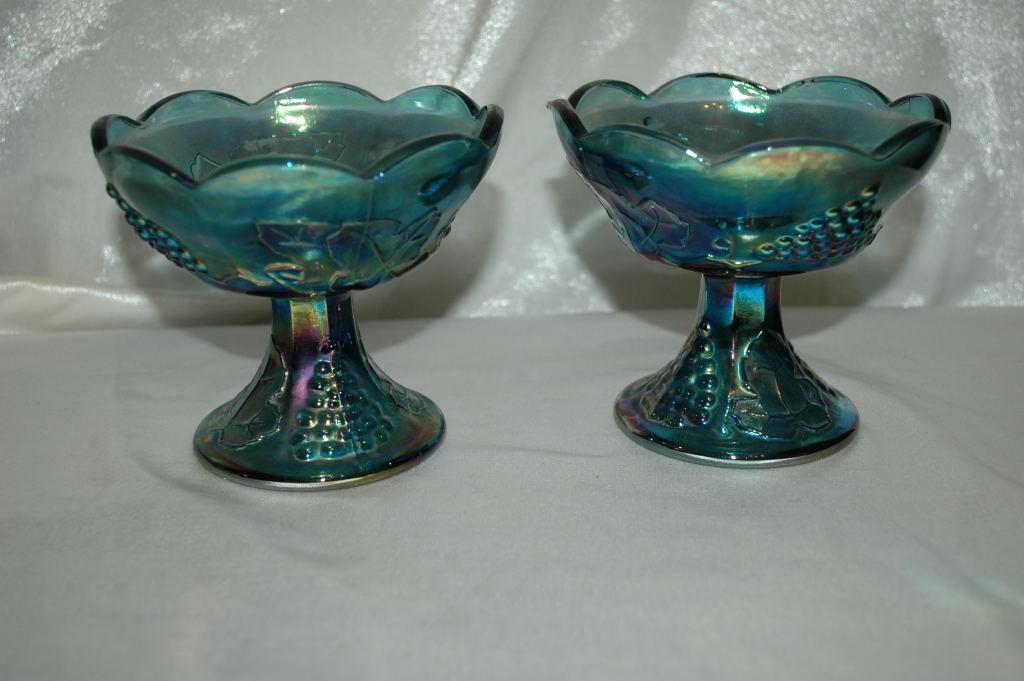 Pair of Carnival Glass Candle Stick Holders Blue Harvest Grape, Indiana Glass