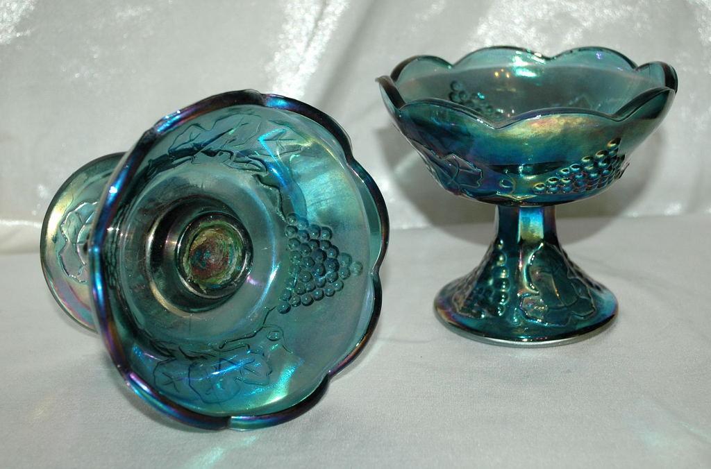 Pair of Carnival Glass Candle Stick Holders Blue Harvest Grape, Indiana Glass
