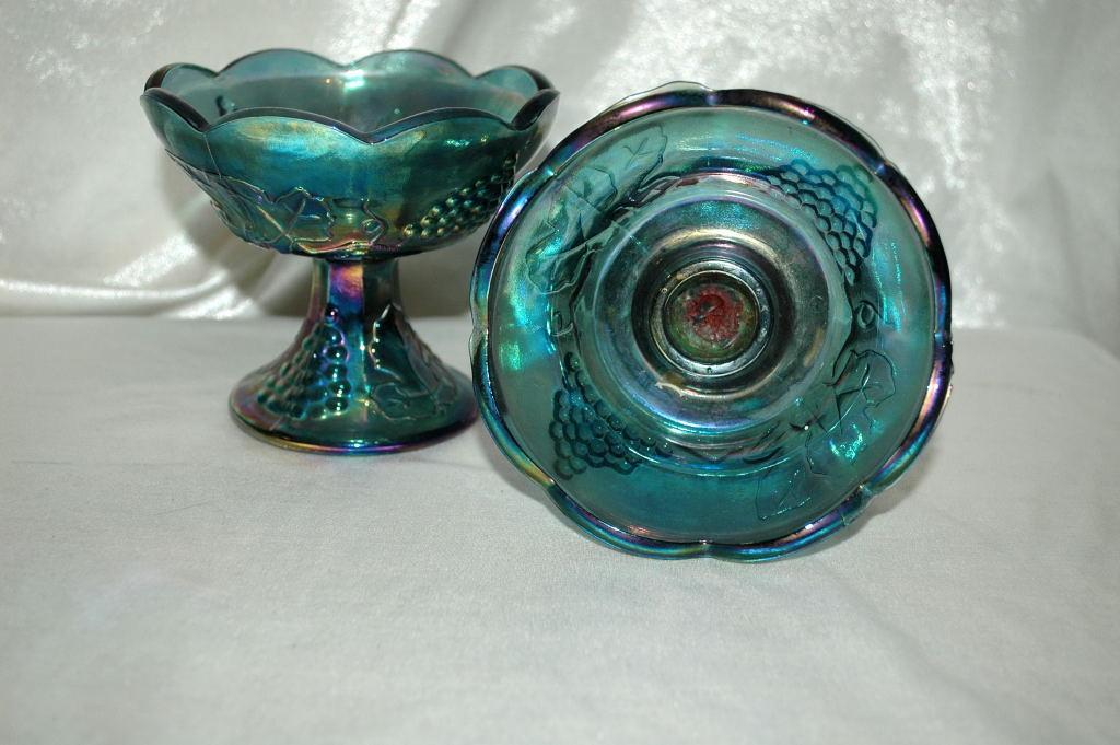 Pair of Carnival Glass Candle Stick Holders Blue Harvest Grape, Indiana Glass