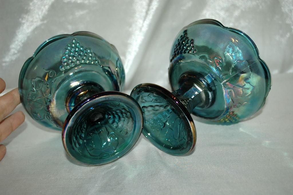 Pair of Carnival Glass Candle Stick Holders Blue Harvest Grape, Indiana Glass