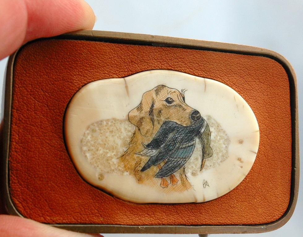 Hunting Dog Fossil Ivory Scrimshaw Belt Buckle, in Leather and Brass , Signed