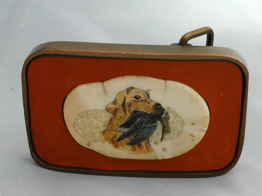 Hunting Dog Fossil Ivory Scrimshaw Belt Buckle, in Leather and Brass , Signed