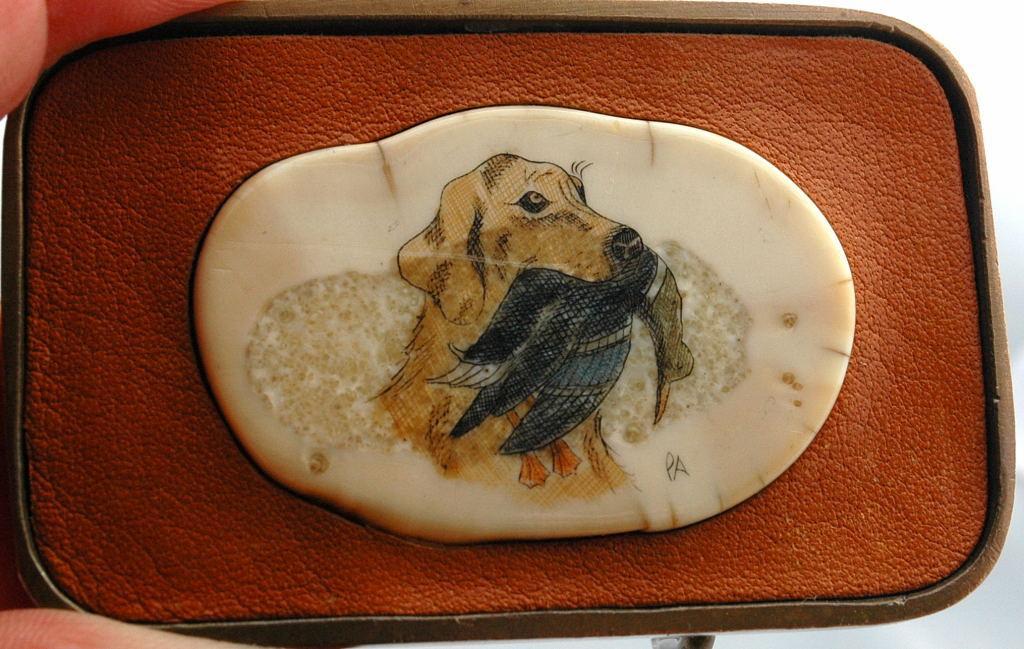 Hunting Dog Fossil Ivory Scrimshaw Belt Buckle, in Leather and Brass , Signed