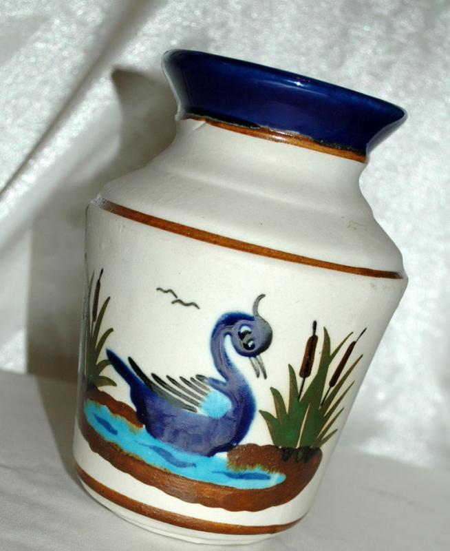 Old Mexican Tonala Stoneware Enamel Pottery Vase with swan motif