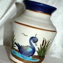 Old Mexican Tonala Stoneware Enamel Pottery Vase with swan motif