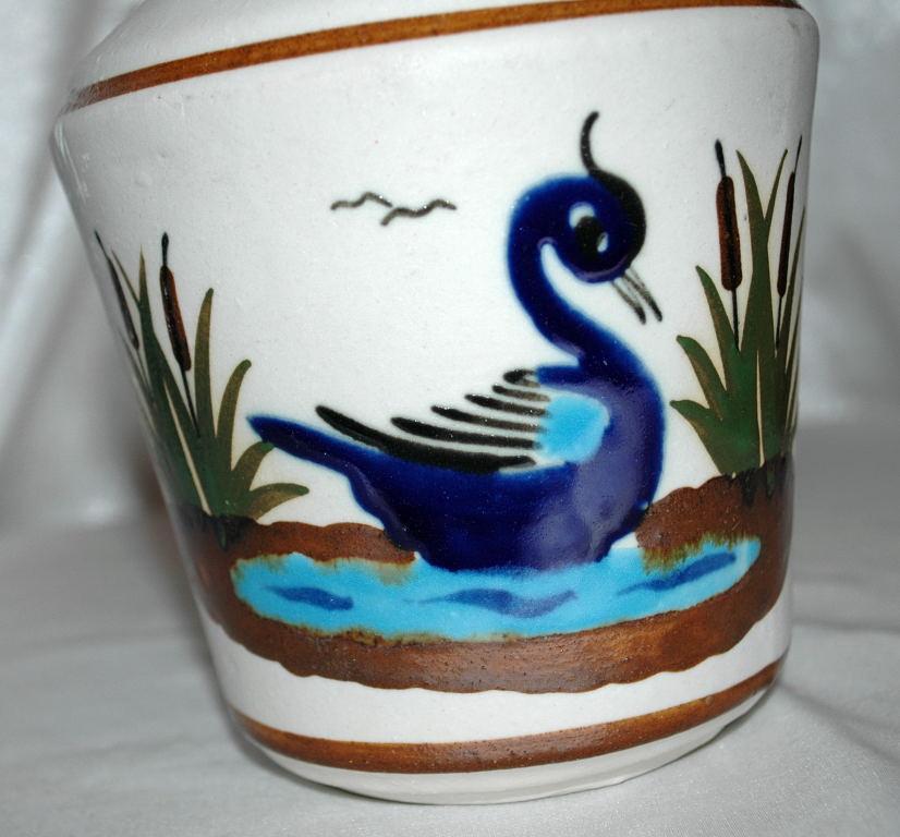 Old Mexican Tonala Stoneware Enamel Pottery Vase with swan motif