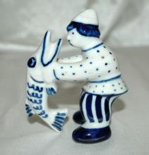 GZHEL Russian Blue USSR White Porcelain Man with Pike Fish