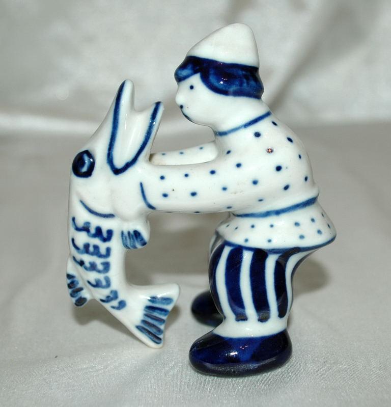 GZHEL Russian Blue USSR White Porcelain Man with Pike Fish