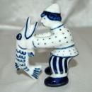 GZHEL Russian Blue USSR White Porcelain Man with Pike Fish
