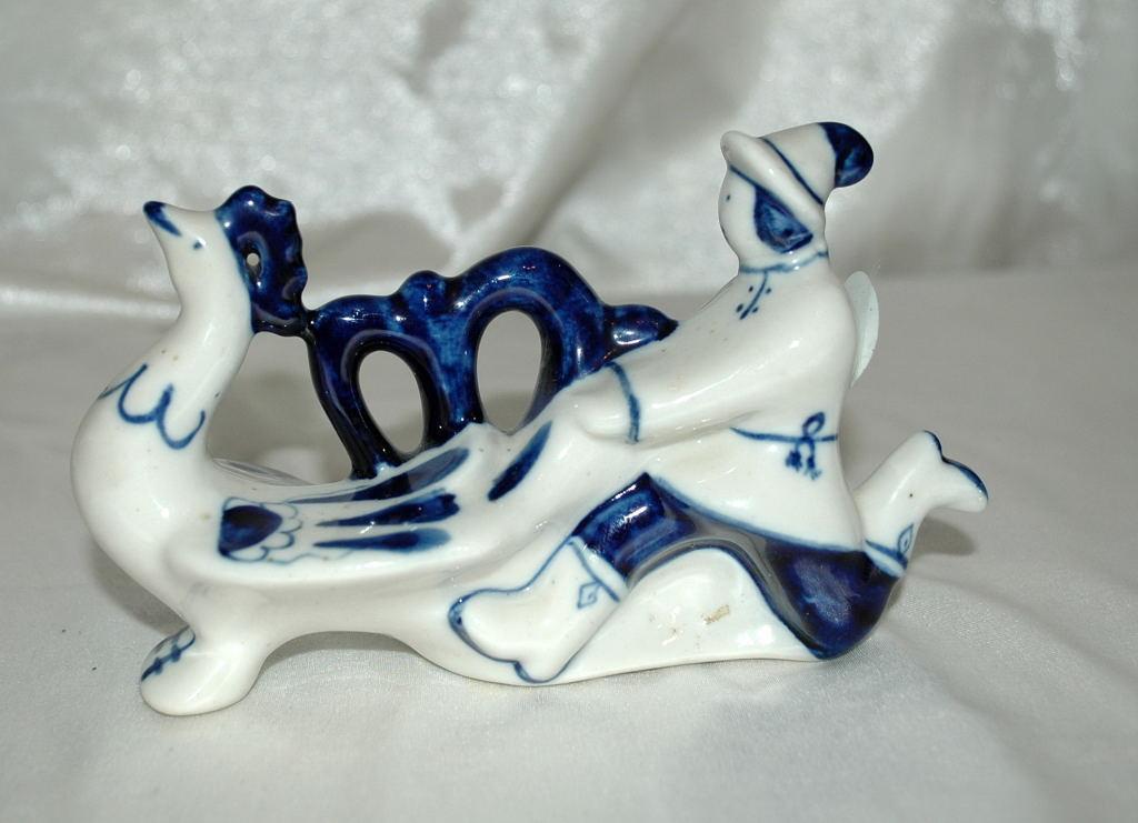 GZHEL USSR Russian Blue White Porcelain Running Man with Rooster Old Russian Folk Tale