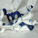 GZHEL USSR Russian Blue White Porcelain Running Man with Rooster Old Russian Folk Tale
