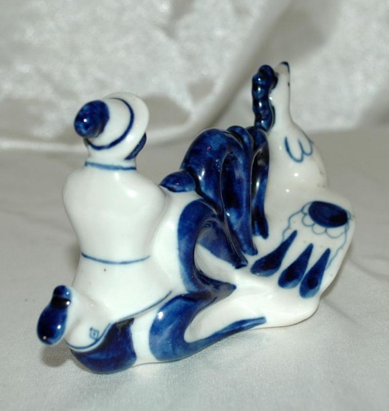 GZHEL USSR Russian Blue White Porcelain Running Man with Rooster Old Russian Folk Tale