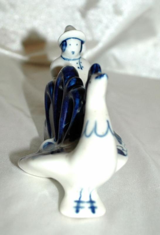 GZHEL USSR Russian Blue White Porcelain Running Man with Rooster Old Russian Folk Tale
