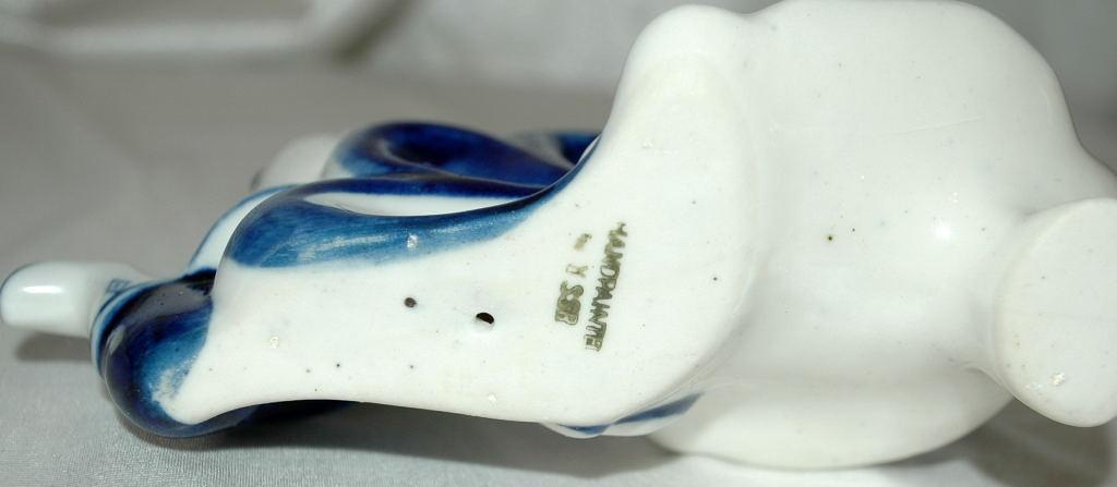 GZHEL USSR Russian Blue White Porcelain Running Man with Rooster Old Russian Folk Tale