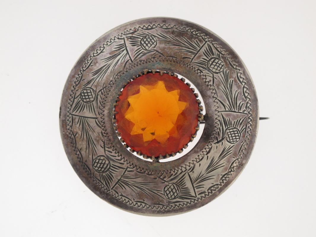 Scottish . Silver Thistle and Amber Topaz Brooch Pin