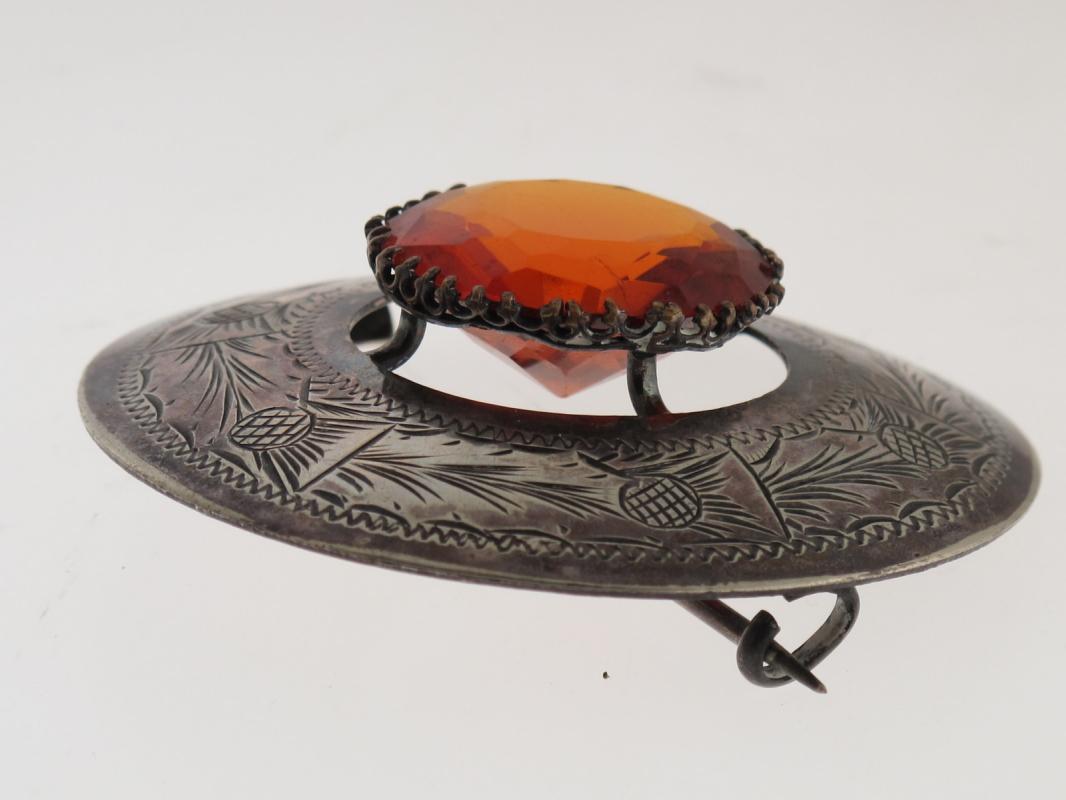 Scottish . Silver Thistle and Amber Topaz Brooch Pin