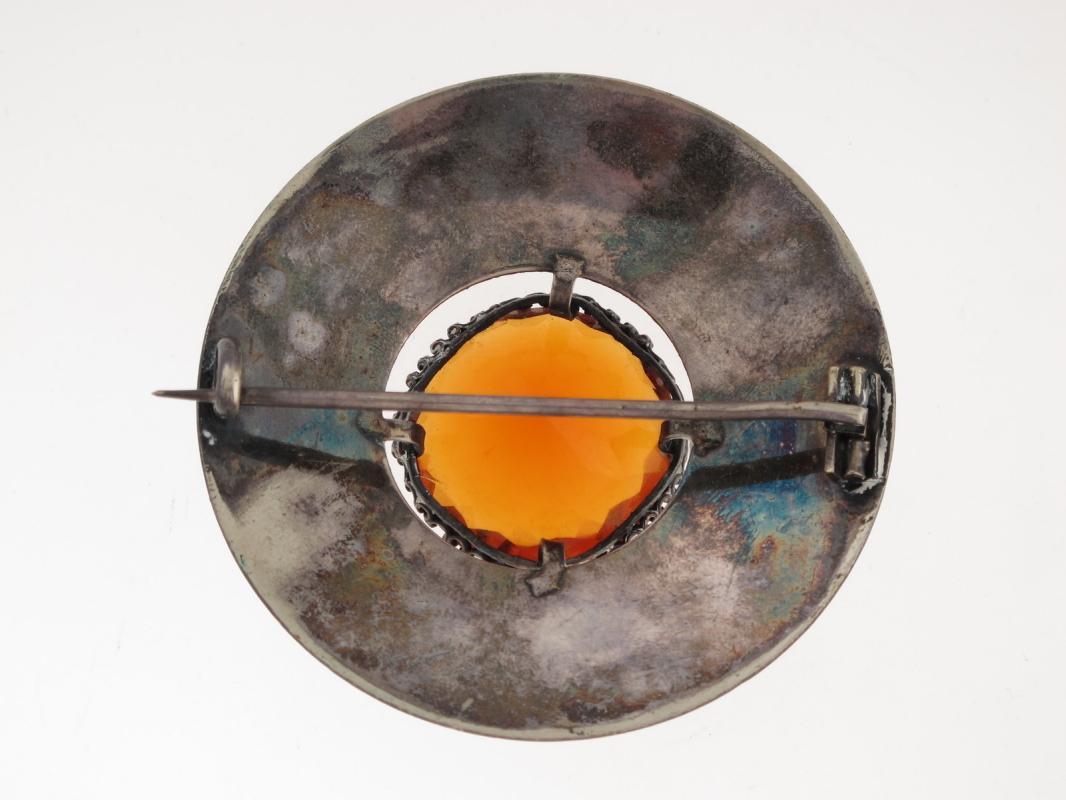 Scottish . Silver Thistle and Amber Topaz Brooch Pin