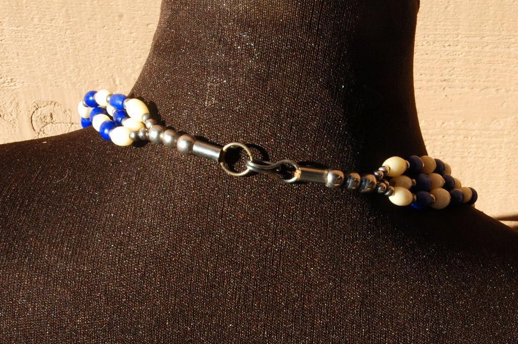 Ethnic Multi Strand Necklace of Blue Dyed Bone, Natural Bone and Silver Beads